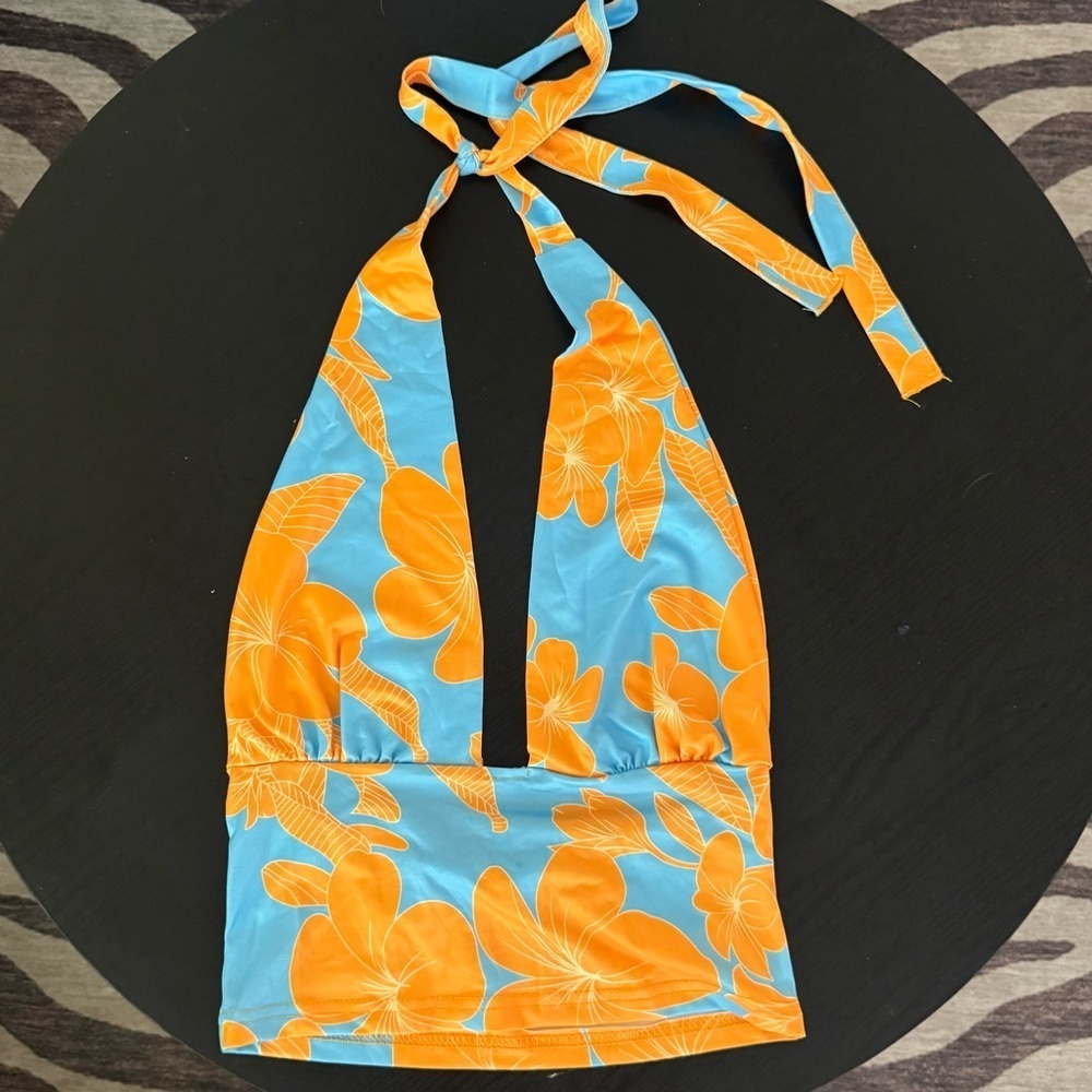 Orange and blue Hawaiian flower print plunge crop tank top | brand new